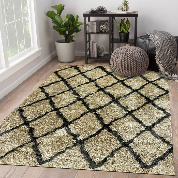 5' X 7' Cream and Black Lattice Area Rug