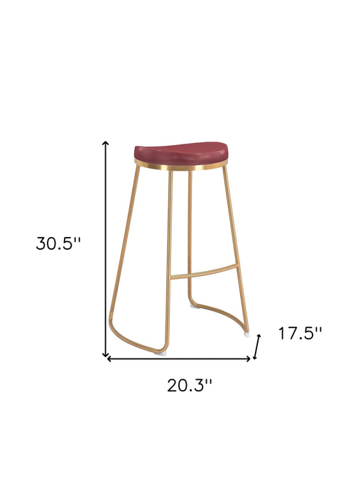 Set of Two 31" Burgundy And Gold Steel Backless Bar Height Bar Chairs