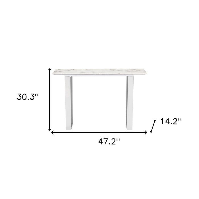 47" White and Silver Faux Marble Sled Console Table