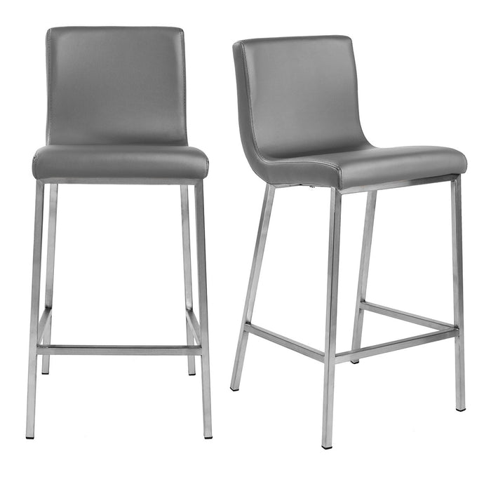 Set of Two 26" Gray And Silver Faux Leather And Steel Low Back Counter Height Bar Chairs