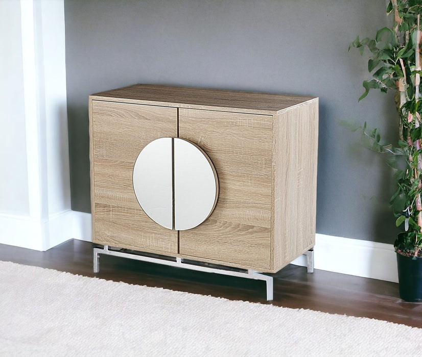 32" Natural and Chrome Mirrored Circle Double Door Bar Cabinet