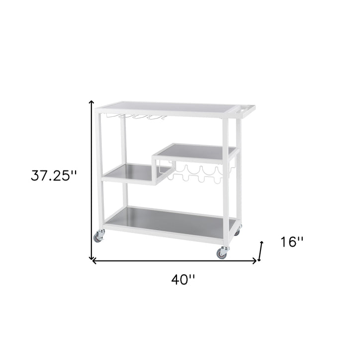 Gray and White Metal And Glass Rolling Bar Cart With Wine Storage