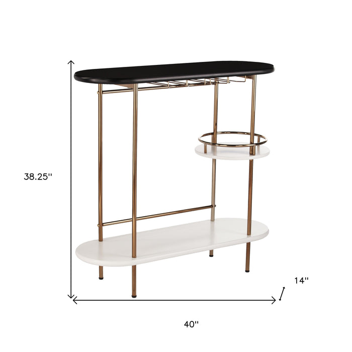 Gold Black and White Metal Oval Bar Cart With Wine Storage