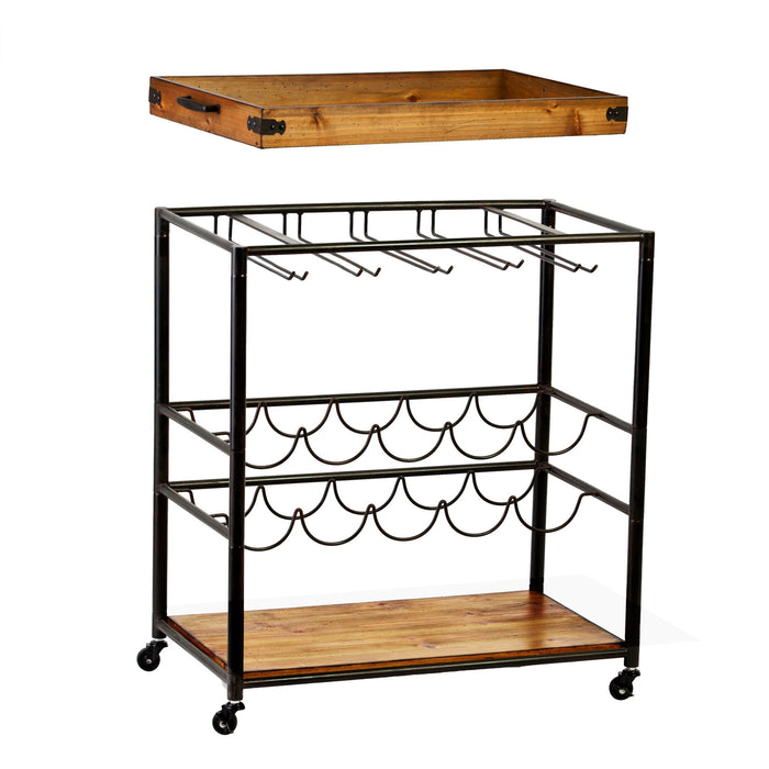 Brown and Black Metal And Solid Wood Rolling Bar Cart With Wine Storage