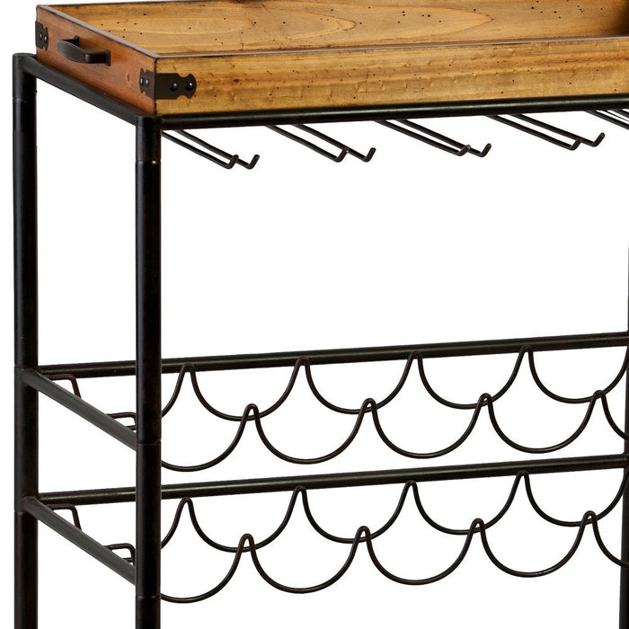 Brown and Black Metal And Solid Wood Rolling Bar Cart With Wine Storage