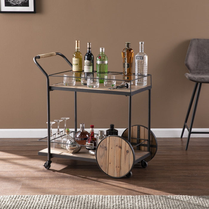 Natural and Black Iron And Reclaimed Wood Rolling Bar Cart With Wine Storage