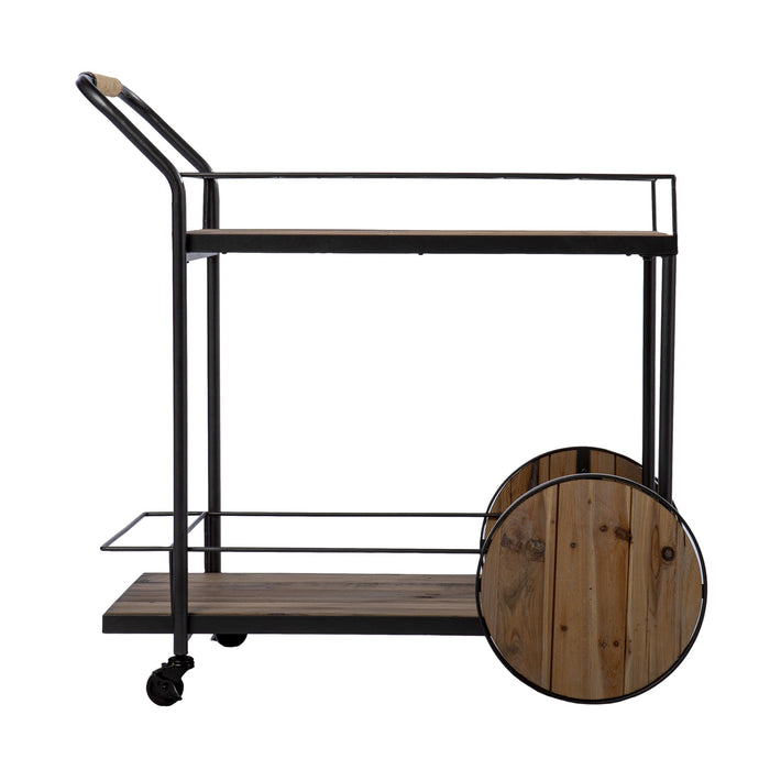 Natural and Black Iron And Reclaimed Wood Rolling Bar Cart With Wine Storage