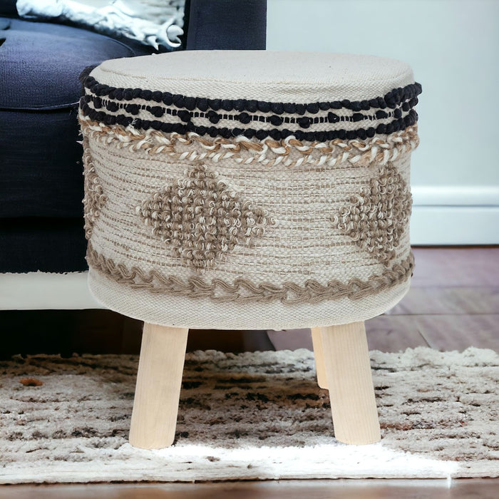 16" Beige Jute And Brown Round Abstract Ottoman