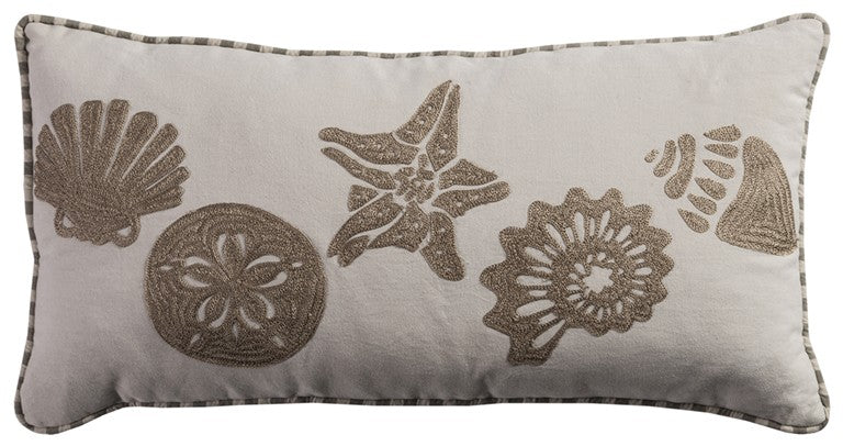 11" X 21" Beige and Khaki Seashells Cotton Throw Pillow with Embroidery