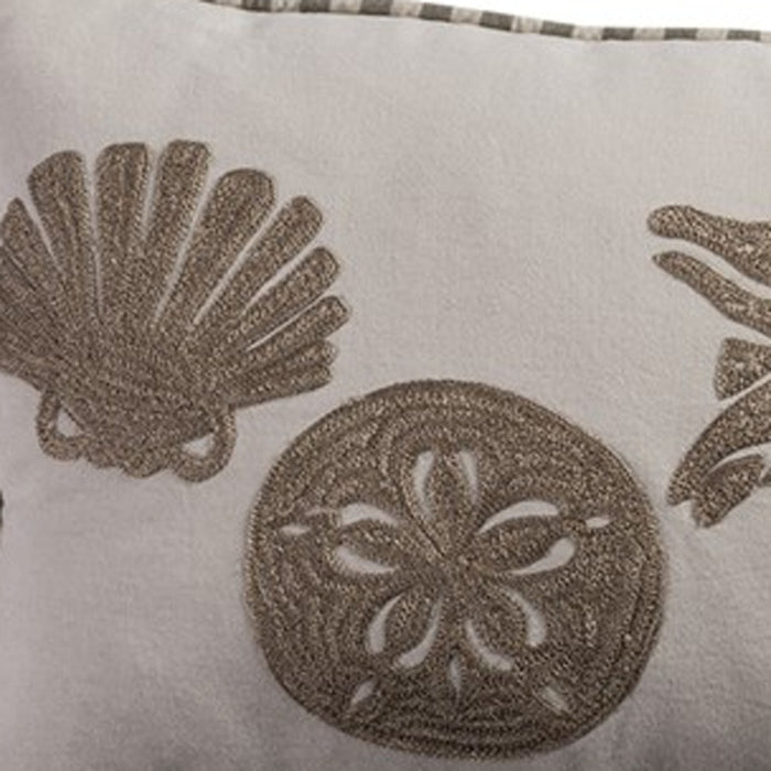 11" X 21" Beige and Khaki Seashells Cotton Throw Pillow with Embroidery