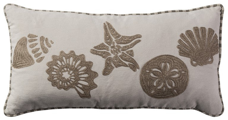 11" X 21" Beige and Khaki Seashells Cotton Throw Pillow with Embroidery