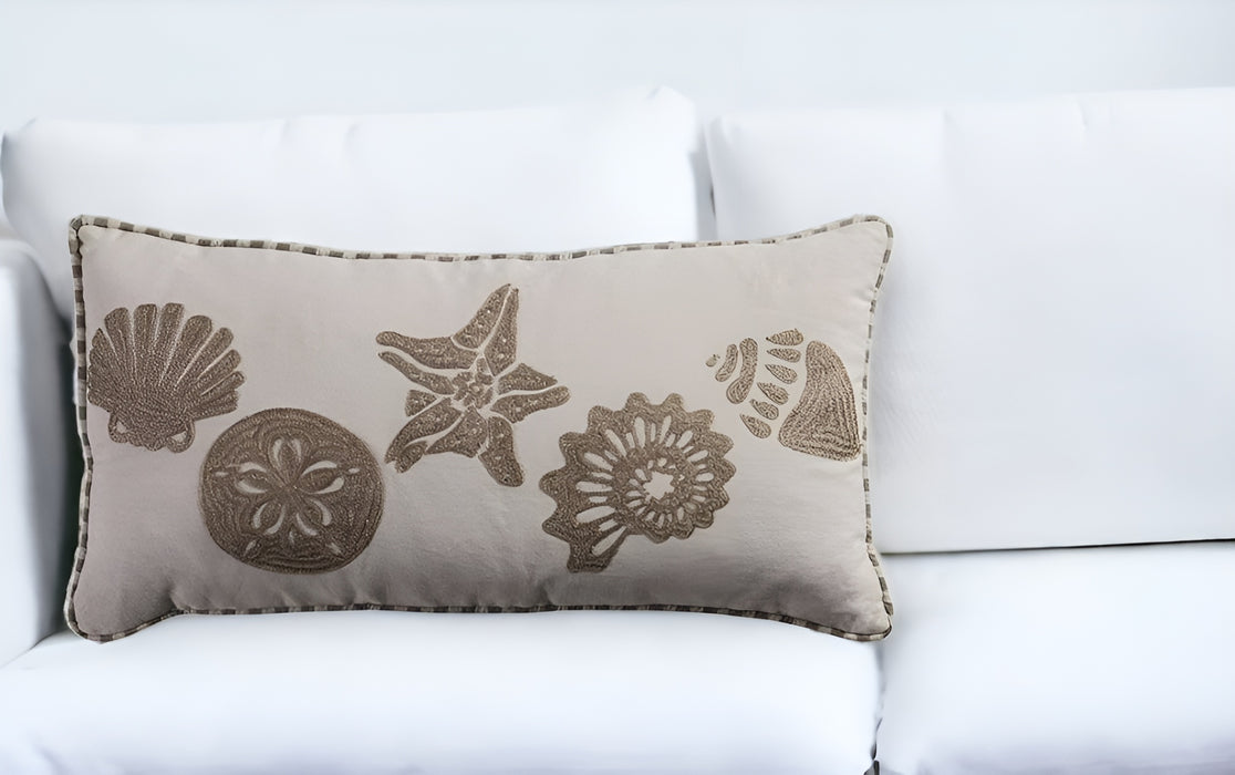 11" X 21" Beige and Khaki Seashells Cotton Throw Pillow with Embroidery