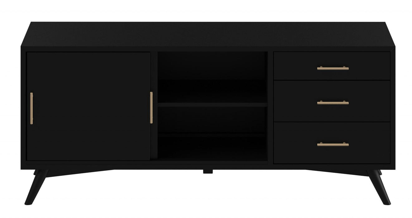 64" Black Mahogany Solid Wood Enclosed and Open Storage TV Stand