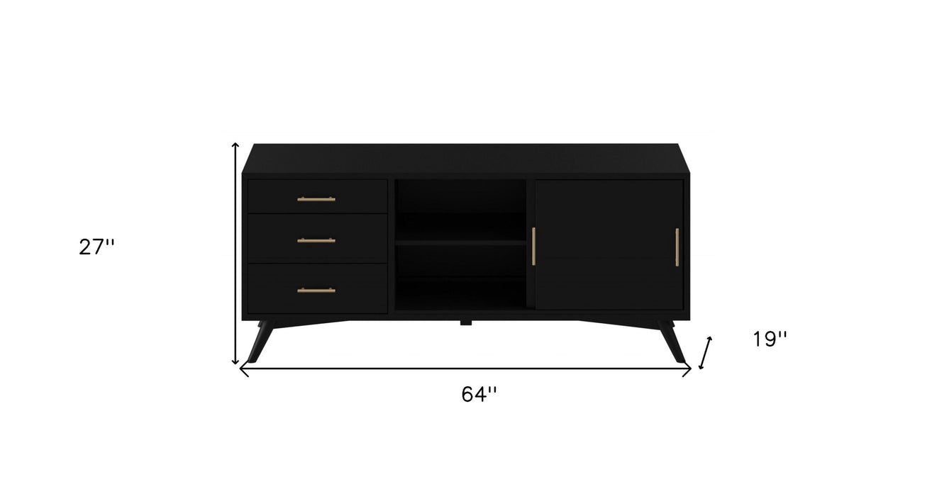 64" Black Mahogany Solid Wood Enclosed and Open Storage TV Stand