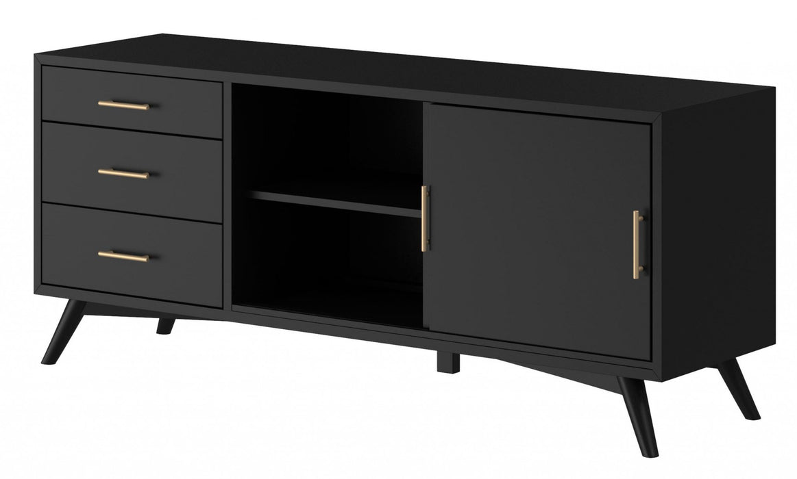 64" Black Mahogany Solid Wood Enclosed and Open Storage TV Stand