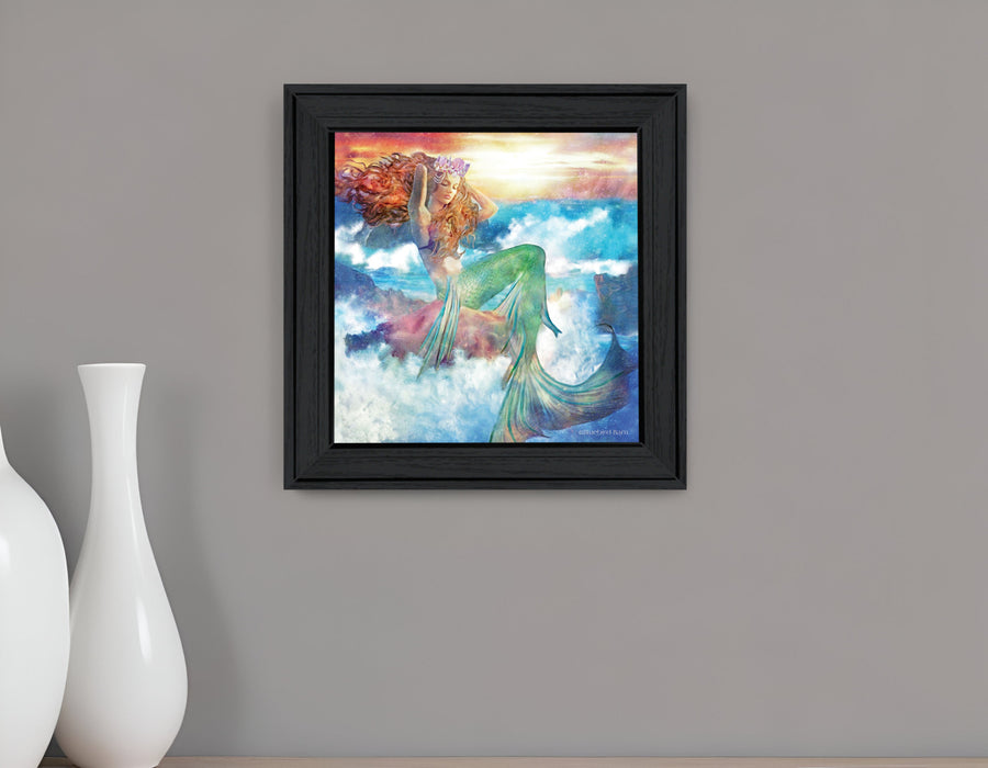 Sunset Mermaid 1 Black Framed Print Wall Art