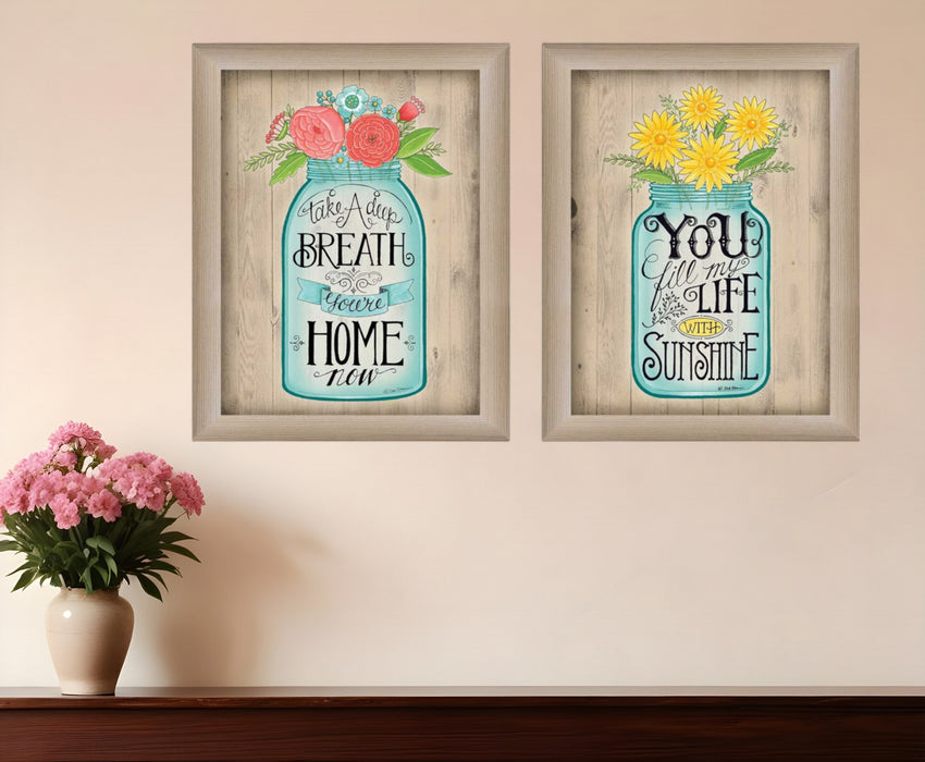 Set Of Two Mason Jars Floral Brown Framed Print Wall Art