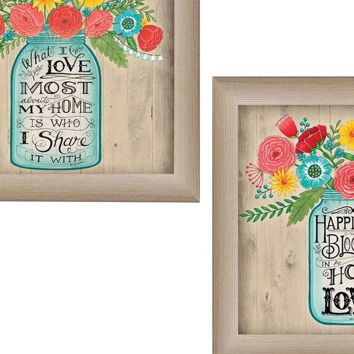 Set Of Two Mason Jar Floral Happiness at Home Brown Framed Print Wall Art