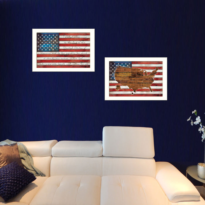 Set Of Two American Flags White Framed Print Wall Art