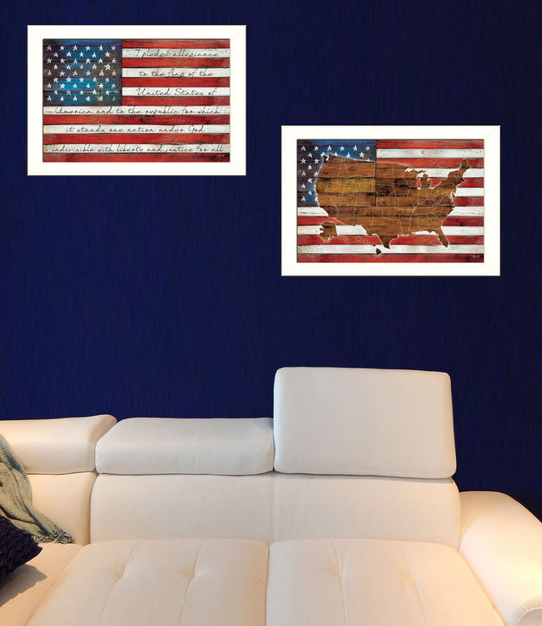 Set Of Two American Flags White Framed Print Wall Art