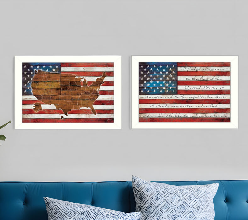 Set Of Two American Flags White Framed Print Wall Art