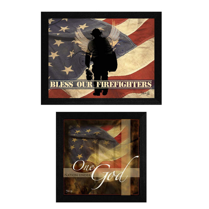 Set Of Two Firefighters One Nation Black Framed Print Wall Art