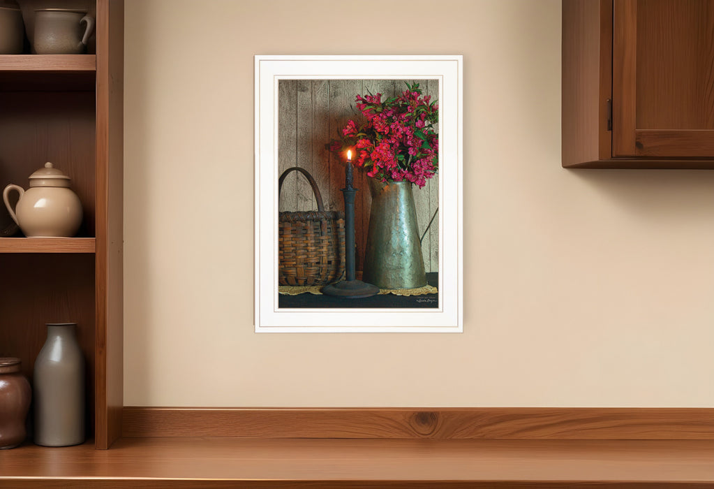 Basket and Blossoms White Framed Print Wall Art