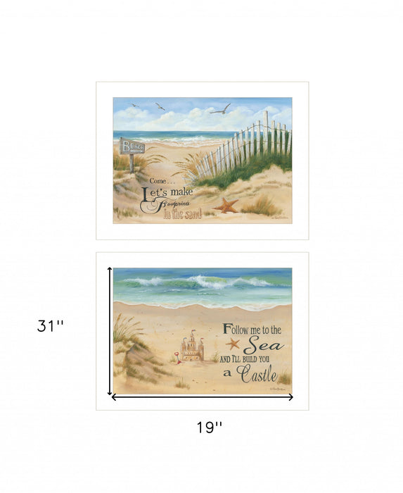 Set Of Two Sand Castle and Footprints 1 White Framed Print Wall Art