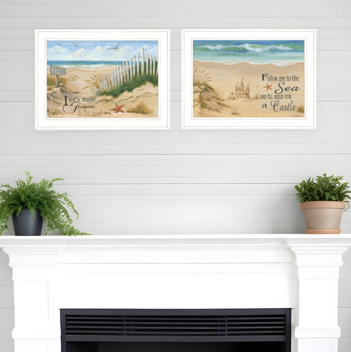 Set Of Two Sand Castle and Footprints 2 White Framed Print Wall Art