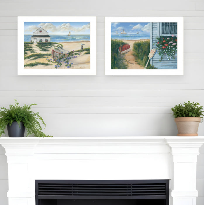 Set Of Two Sand Castle and Footprints 3 White Framed Print Wall Art