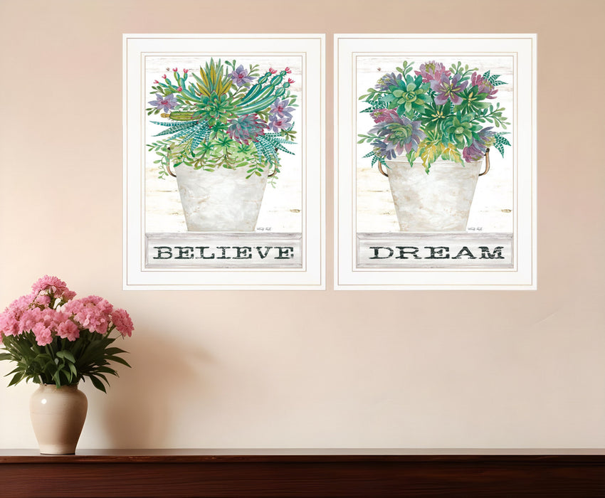 Set Of Two Succulents Dream and Believe White Framed Print Wall Art