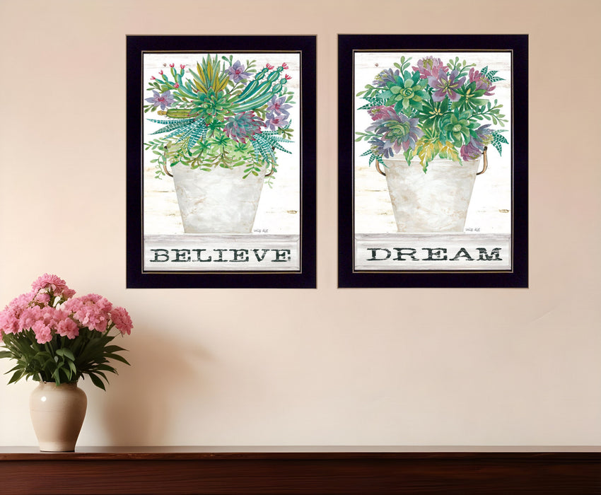 Set Of Two Succulents Dream and Believe Black Framed Print Wall Art