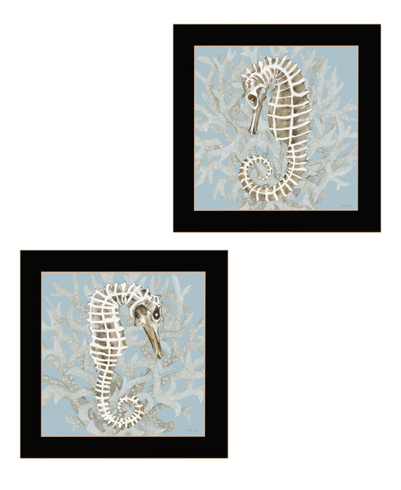 Set Of Two Coral Seahorse Black Framed Print Wall Art