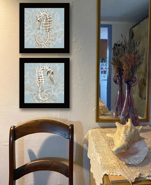 Set Of Two Coral Seahorse Black Framed Print Wall Art