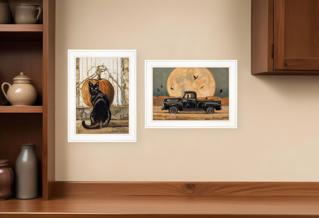 Set Of Two Harvest Moon with A Black Cat and Truck 1 White Framed Print Kitchen Wall Art