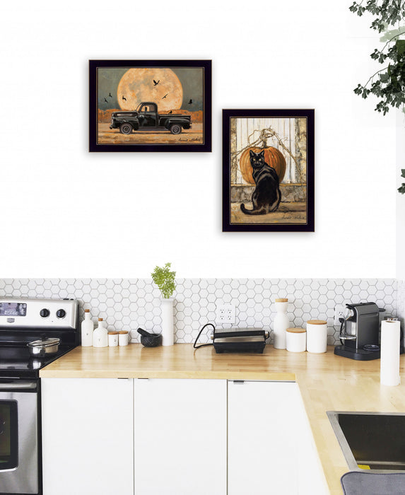 Set Of Two Harvest Moon with A Black Cat and Truck 2 Black Framed Print Kitchen Wall Art