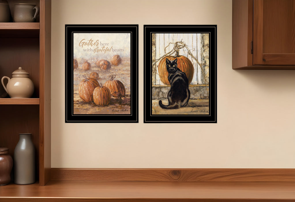 Set Of Two Pumpkins with A Black Cat 1 White Framed Print Wall Art