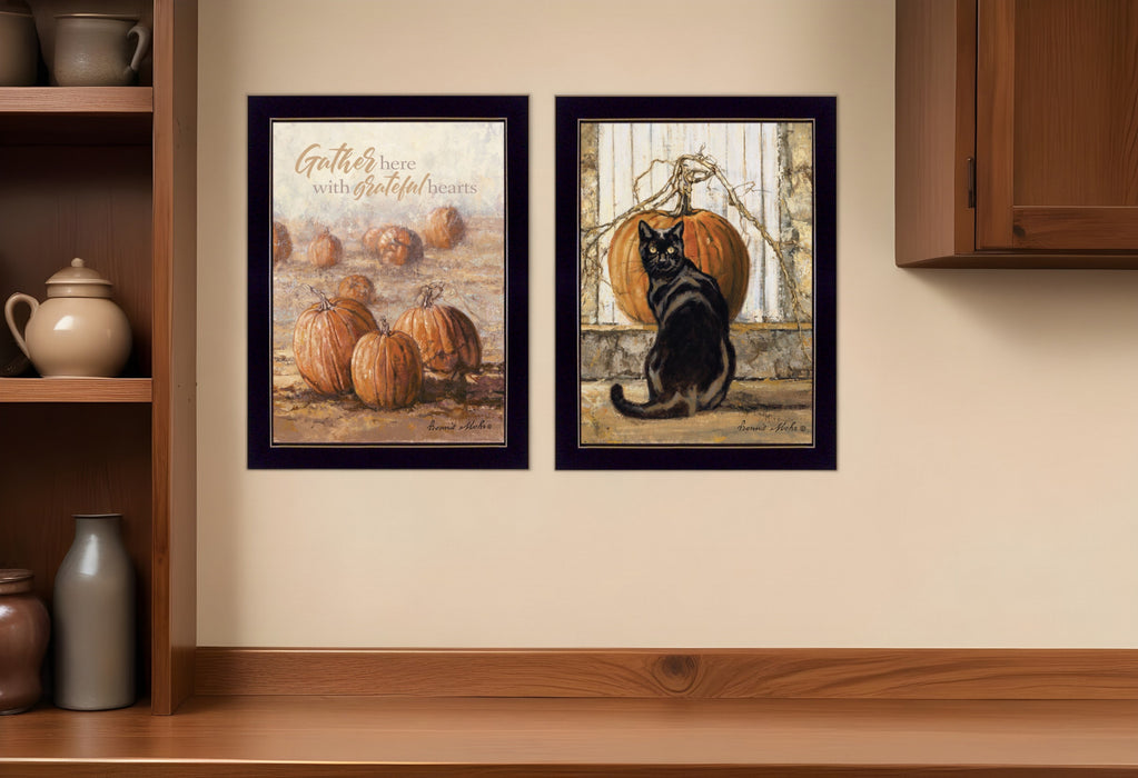 Set Of Two Pumpkins with A Black Cat Black Framed Print Wall Art