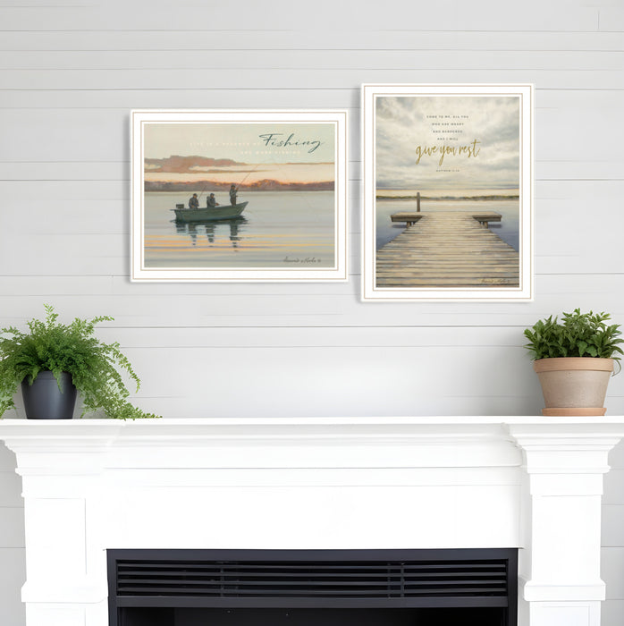 Set Of Two Lake Side Reprieve 2 White Framed Print Wall Art