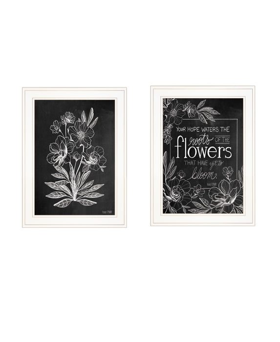 Set Of Two Black and White Flowers in Bloom White Framed Print Wall Art