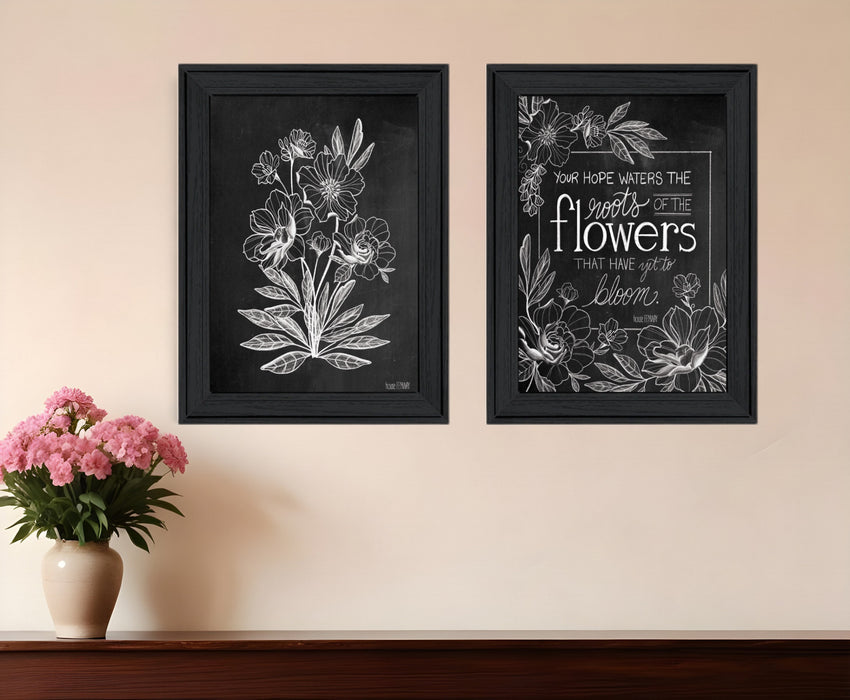 Set Of Two Black and White Flowers in Bloom White Framed Print Wall Art