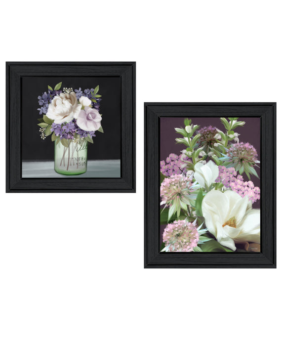 Set Of Two Lilac and Wild Plum Bouquet Black Framed Print Wall Art