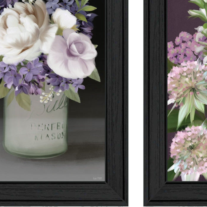 Set Of Two Lilac and Wild Plum Bouquet Black Framed Print Wall Art