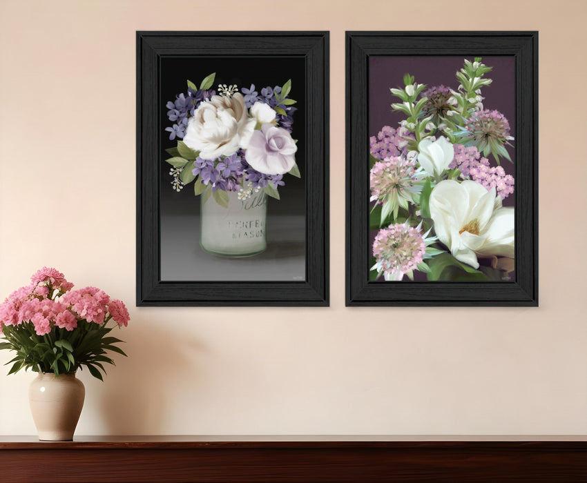 Set Of Two Lilac and Wild Plum Bouquet Black Framed Print Wall Art