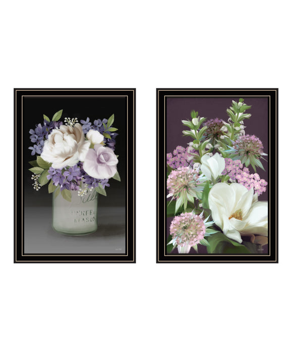 Set Of Two Lilac and Wild Plum Bouquet Black Framed Print Wall Art