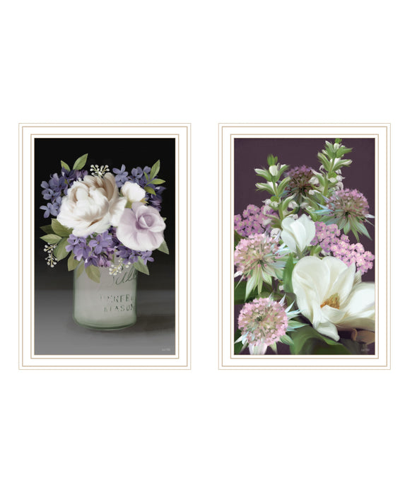 Set Of Two Lilac and Wild Plum Bouquet White Framed Print Wall Art