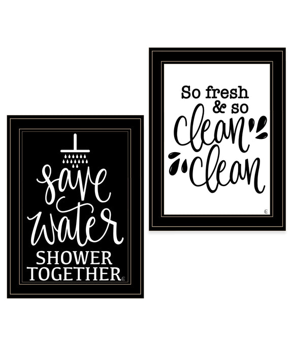 Set Of Two Clean or Shower Together Black Framed Print Bathroom Wall Art