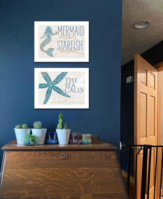 Set Of Two Mermaid Kisses Starfish Wishes 1 White Framed Print Wall Art