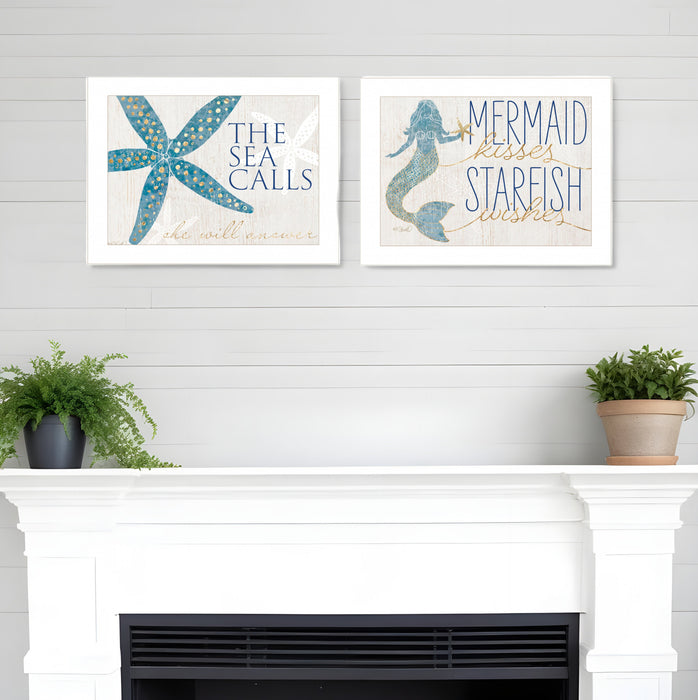 Set Of Two Mermaid Kisses Starfish Wishes 1 White Framed Print Wall Art