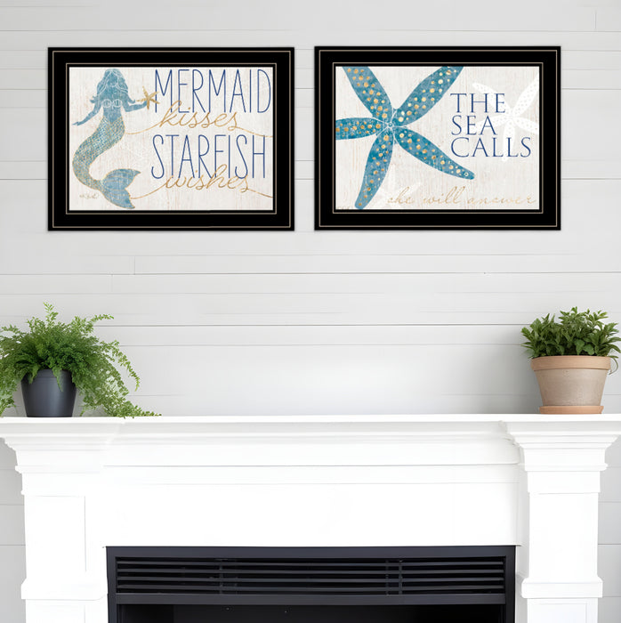 Set Of Two Mermaid Kisses Starfish Wishes 2 White Framed Print Wall Art